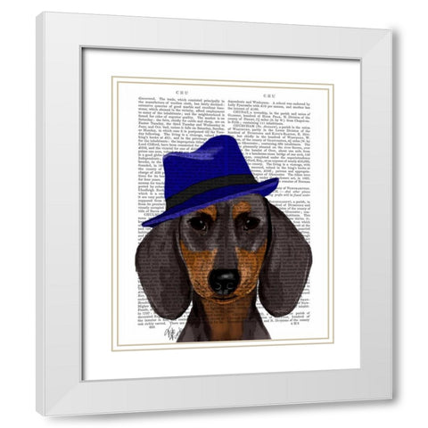 Dachshund With Blue Trilby White Modern Wood Framed Art Print with Double Matting by Fab Funky