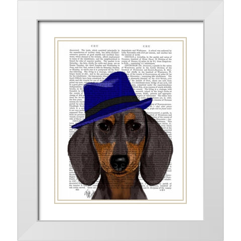 Dachshund With Blue Trilby White Modern Wood Framed Art Print with Double Matting by Fab Funky