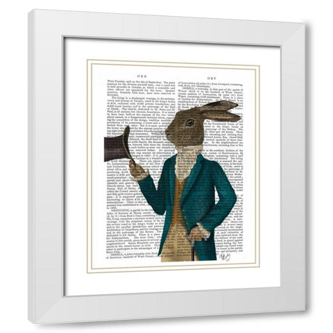Hare In Turquoise Coat White Modern Wood Framed Art Print with Double Matting by Fab Funky