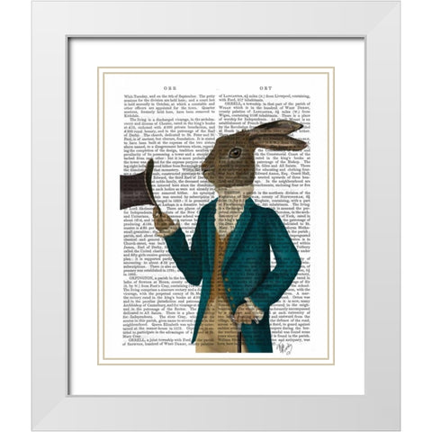 Hare In Turquoise Coat White Modern Wood Framed Art Print with Double Matting by Fab Funky