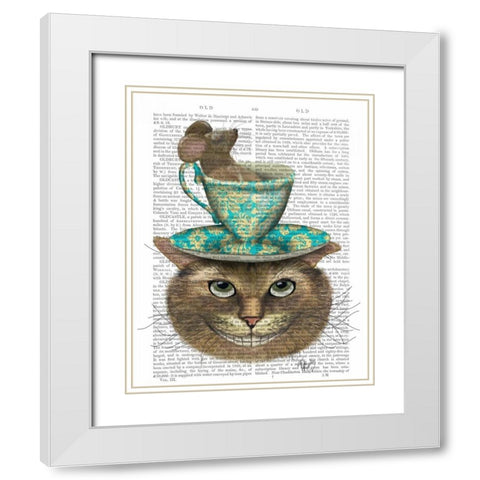 Cheshire Cat with Cup on Head White Modern Wood Framed Art Print with Double Matting by Fab Funky