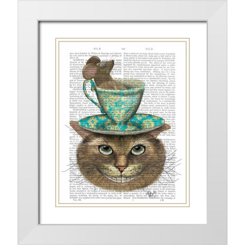 Cheshire Cat with Cup on Head White Modern Wood Framed Art Print with Double Matting by Fab Funky