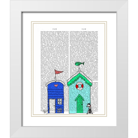 Beach Huts 2 Illustration White Modern Wood Framed Art Print with Double Matting by Fab Funky