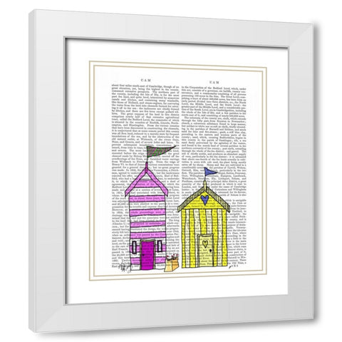 Beach Huts 3 Illustration White Modern Wood Framed Art Print with Double Matting by Fab Funky