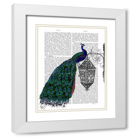 Peacock On Lamp White Modern Wood Framed Art Print with Double Matting by Fab Funky