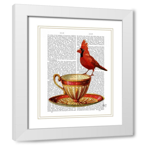 Teacup And Red Cardinal White Modern Wood Framed Art Print with Double Matting by Fab Funky