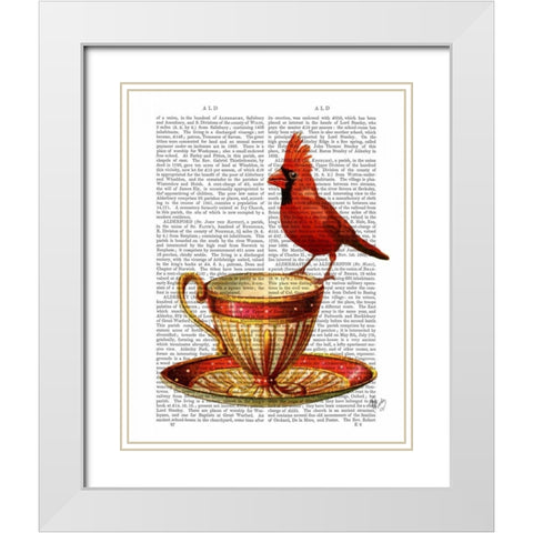 Teacup And Red Cardinal White Modern Wood Framed Art Print with Double Matting by Fab Funky