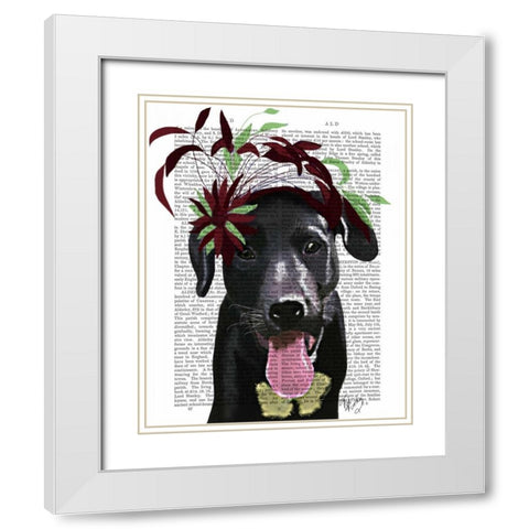 Black Labrador With Green Fascinator White Modern Wood Framed Art Print with Double Matting by Fab Funky