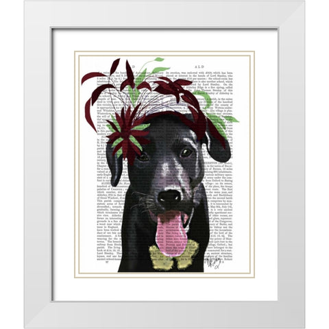 Black Labrador With Green Fascinator White Modern Wood Framed Art Print with Double Matting by Fab Funky