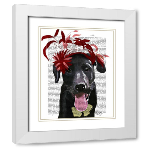 Black Labrador With Red Fascinator White Modern Wood Framed Art Print with Double Matting by Fab Funky