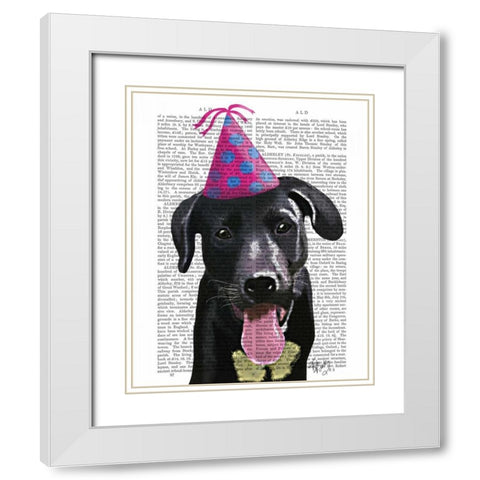 Black Labrador With Party Hat White Modern Wood Framed Art Print with Double Matting by Fab Funky
