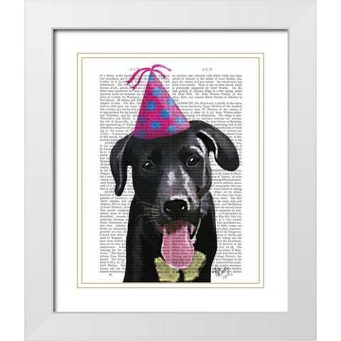 Black Labrador With Party Hat White Modern Wood Framed Art Print with Double Matting by Fab Funky