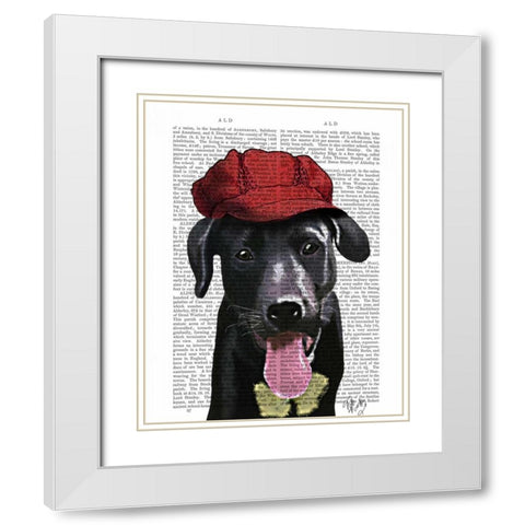 Black Labrador With Red Cap White Modern Wood Framed Art Print with Double Matting by Fab Funky