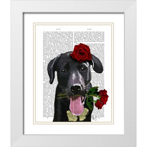 Black Labrador with Roses White Modern Wood Framed Art Print with Double Matting by Fab Funky