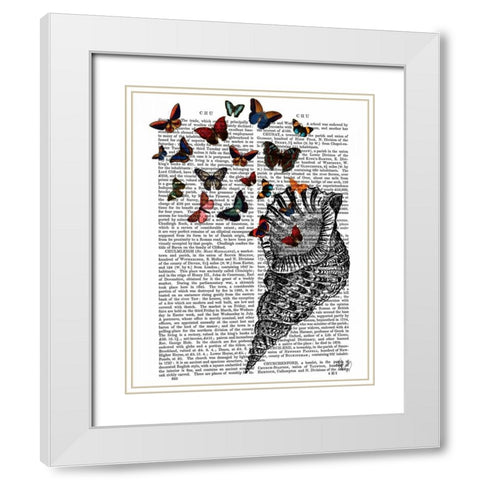 Conch Shell and Butterflies White Modern Wood Framed Art Print with Double Matting by Fab Funky