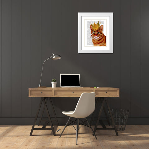 Ginger Cat with Crown Portrai White Modern Wood Framed Art Print with Double Matting by Fab Funky