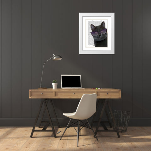 Black Cat with Sunglasses White Modern Wood Framed Art Print with Double Matting by Fab Funky