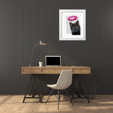 Black Cat With Pink Angel Halo White Modern Wood Framed Art Print with Double Matting by Fab Funky