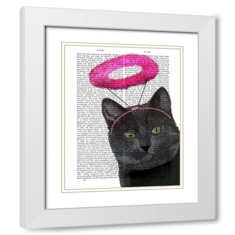 Black Cat With Pink Angel Halo White Modern Wood Framed Art Print with Double Matting by Fab Funky