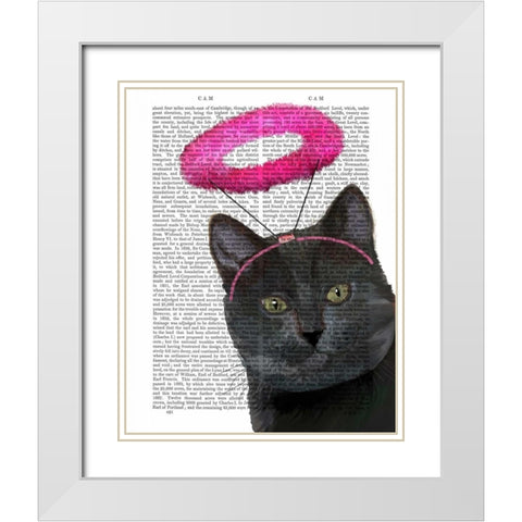 Black Cat With Pink Angel Halo White Modern Wood Framed Art Print with Double Matting by Fab Funky
