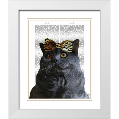Grey Cat with Leopard Bow White Modern Wood Framed Art Print with Double Matting by Fab Funky