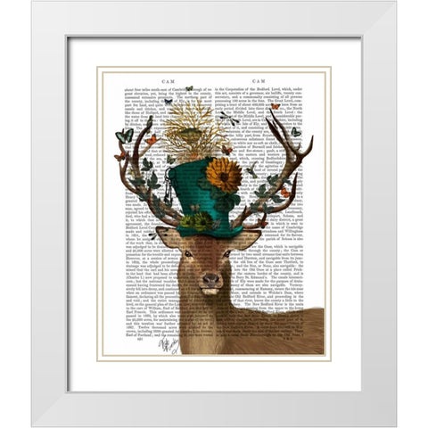 Mad Hatter Deer White Modern Wood Framed Art Print with Double Matting by Fab Funky