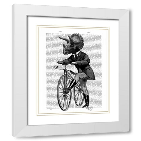 Triceratops Man on Bike Dinosaur White Modern Wood Framed Art Print with Double Matting by Fab Funky