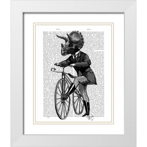 Triceratops Man on Bike Dinosaur White Modern Wood Framed Art Print with Double Matting by Fab Funky