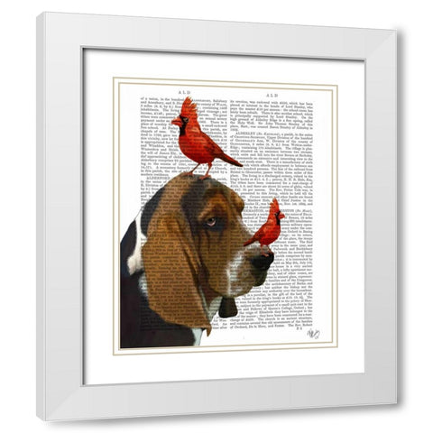 Basset Hound and Birds White Modern Wood Framed Art Print with Double Matting by Fab Funky