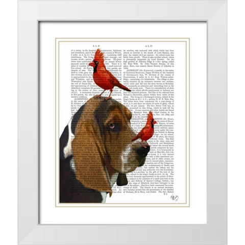 Basset Hound and Birds White Modern Wood Framed Art Print with Double Matting by Fab Funky