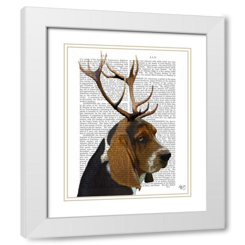 Basset Hound and Antlers White Modern Wood Framed Art Print with Double Matting by Fab Funky