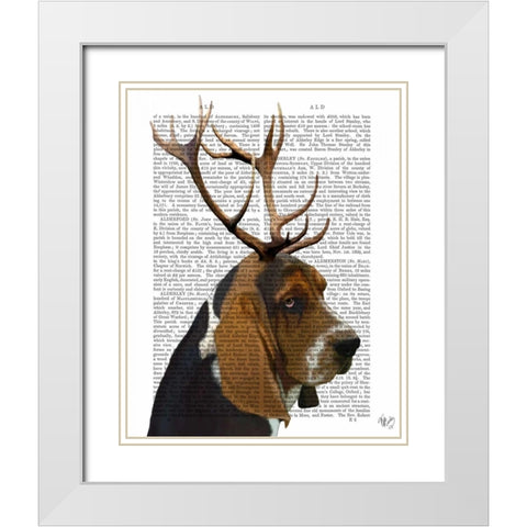 Basset Hound and Antlers White Modern Wood Framed Art Print with Double Matting by Fab Funky