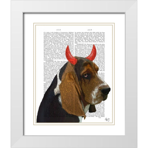 Basset Hound and Devil Horns White Modern Wood Framed Art Print with Double Matting by Fab Funky