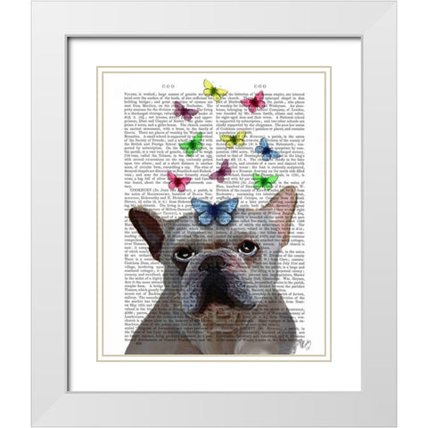 White French Bulldog and Butterflies White Modern Wood Framed Art Print with Double Matting by Fab Funky