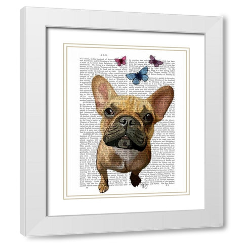 Brown French Bulldog and Butterflies White Modern Wood Framed Art Print with Double Matting by Fab Funky