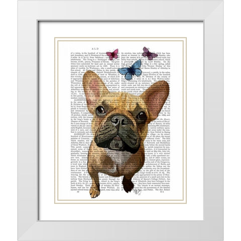 Brown French Bulldog and Butterflies White Modern Wood Framed Art Print with Double Matting by Fab Funky