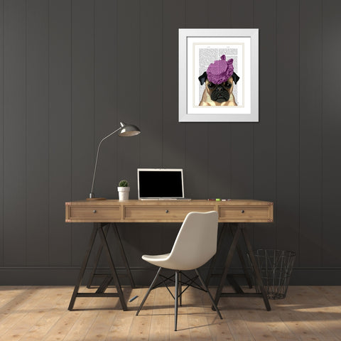 Pug with Vintage Purple Hat White Modern Wood Framed Art Print with Double Matting by Fab Funky