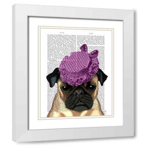 Pug with Vintage Purple Hat White Modern Wood Framed Art Print with Double Matting by Fab Funky
