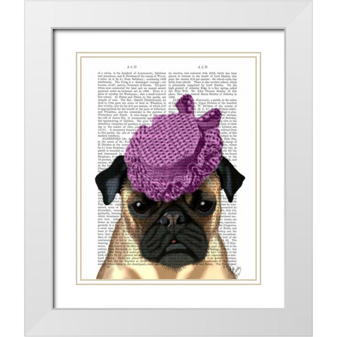 Pug with Vintage Purple Hat White Modern Wood Framed Art Print with Double Matting by Fab Funky