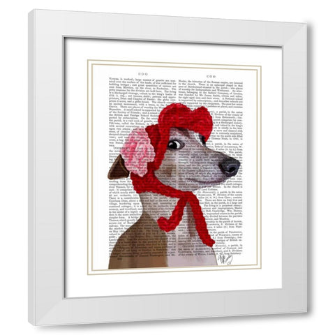 Greyhound with Red Woolly Hat White Modern Wood Framed Art Print with Double Matting by Fab Funky
