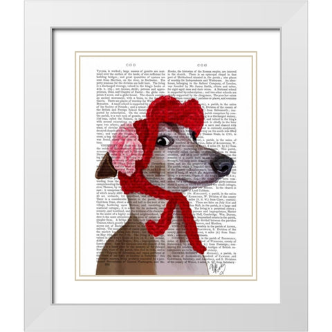Greyhound with Red Woolly Hat White Modern Wood Framed Art Print with Double Matting by Fab Funky
