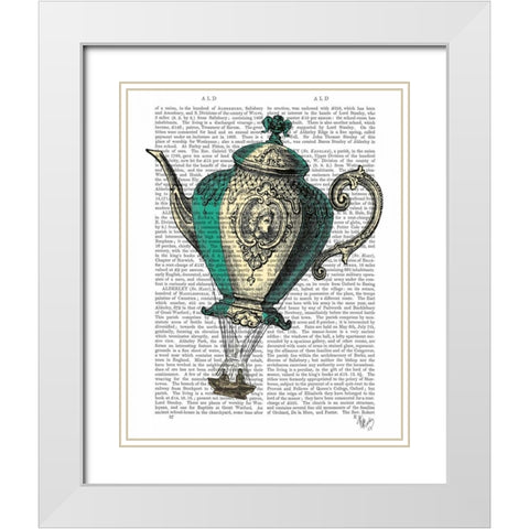 Flying Teapot 1 Green and Yellow White Modern Wood Framed Art Print with Double Matting by Fab Funky