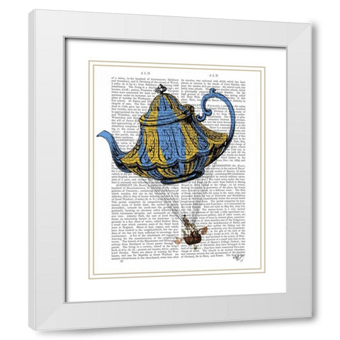 Flying Teapot 3 Blue and Yellow White Modern Wood Framed Art Print with Double Matting by Fab Funky