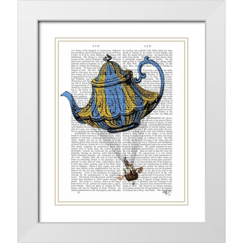 Flying Teapot 3 Blue and Yellow White Modern Wood Framed Art Print with Double Matting by Fab Funky