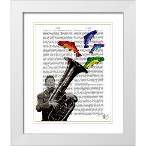 Tuba And Fish White Modern Wood Framed Art Print with Double Matting by Fab Funky