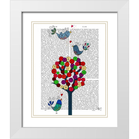 Button Tree and Birds Blue White Modern Wood Framed Art Print with Double Matting by Fab Funky