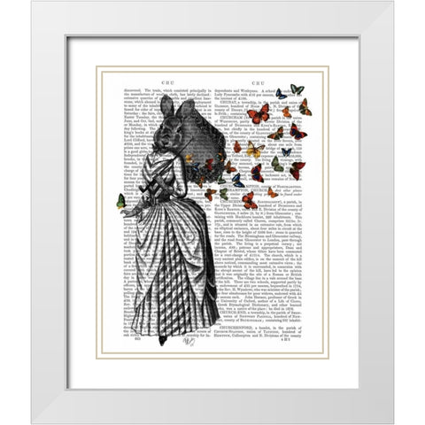 Rabbit and Butterfly Parasol White Modern Wood Framed Art Print with Double Matting by Fab Funky
