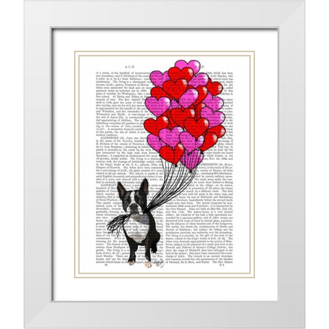 Boston Terrier And Balloons White Modern Wood Framed Art Print with Double Matting by Fab Funky