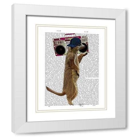 Meerkat with Boom Box Ghetto Blaster White Modern Wood Framed Art Print with Double Matting by Fab Funky