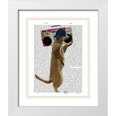 Meerkat with Boom Box Ghetto Blaster White Modern Wood Framed Art Print with Double Matting by Fab Funky
